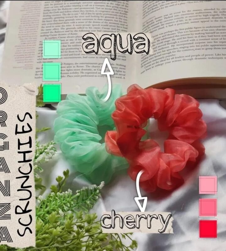 Organza Hair Scrunchies – Aqua & Cherry Color Set