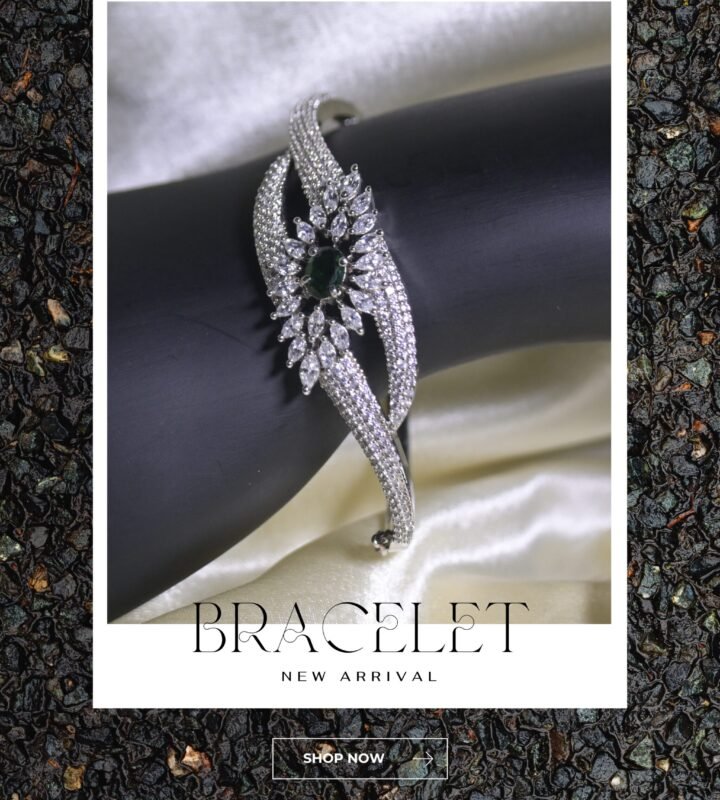 Luxury American Diamond Bracelet with Emerald Green Center Stone – Silver Finish