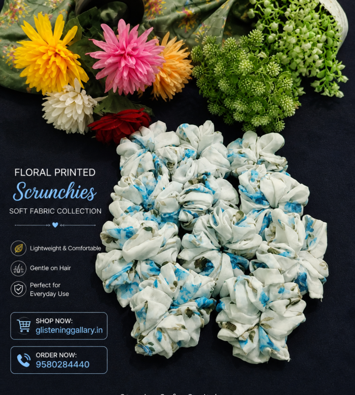 Floral Printed Scrunchies – Blue Blossom Collection
