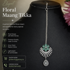 Mint Stone Floral Maang Tikka – Silver Finish