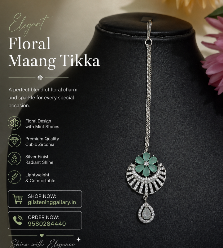Mint Stone Floral Maang Tikka – Silver Finish