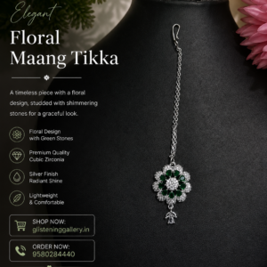 Emerald Floral Maang Tikka – Silver Finish