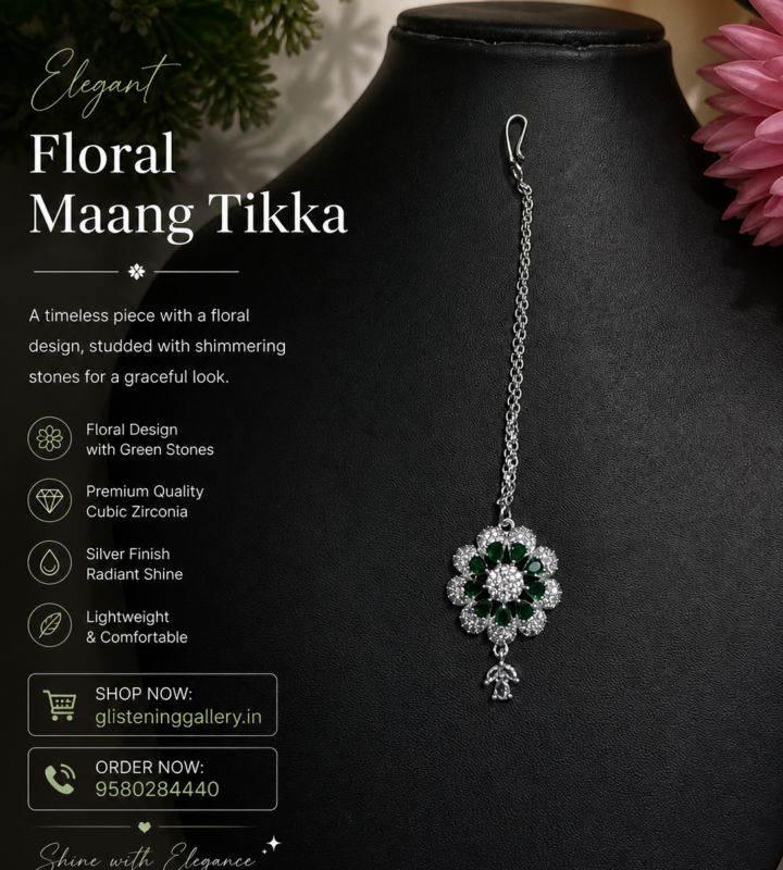 Emerald Floral Maang Tikka – Silver Finish
