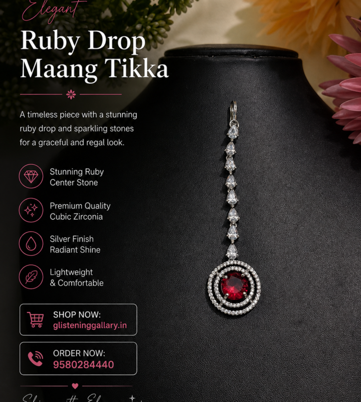 Ruby Drop Maang Tikka – Silver Finish