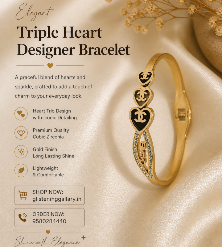 Triple Heart Designer Bracelet – Gold Finish
