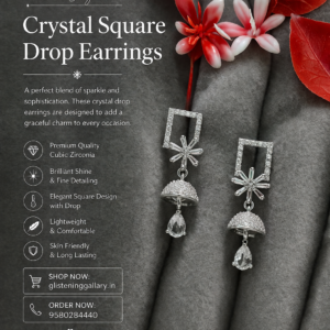 Crystal Square Drop Earrings – Silver Finish