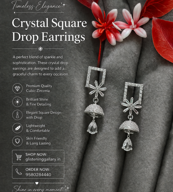 Crystal Square Drop Earrings – Silver Finish