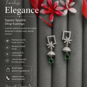 Emerald Drop Square Earrings – Silver Finish