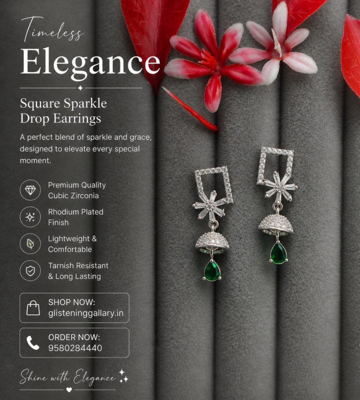 Emerald Drop Square Earrings – Silver Finish