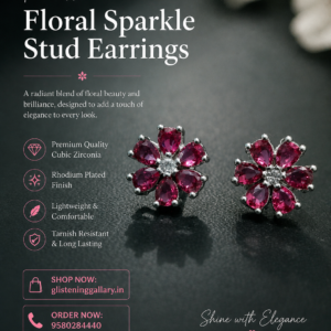 Ruby Floral Stud Earrings – Silver Finish