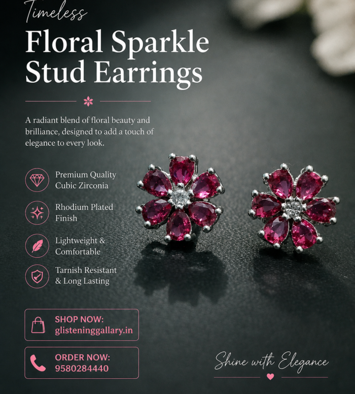 Ruby Floral Stud Earrings – Silver Finish