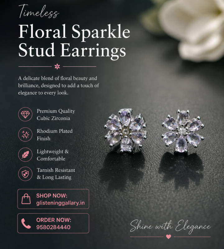Crystal Floral Stud Earrings – Silver Finish