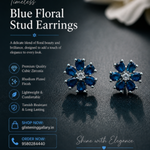 Blue Floral Stud Earrings – Silver Finish