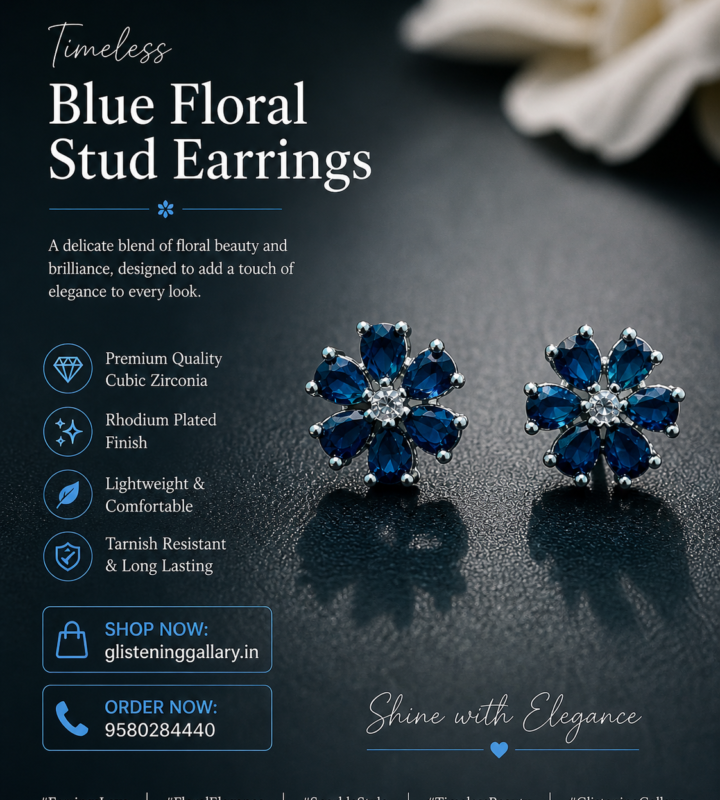 Blue Floral Stud Earrings – Silver Finish