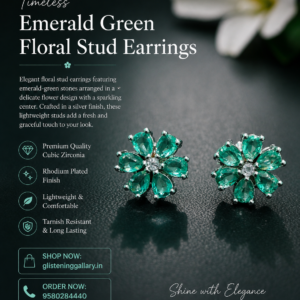 Emerald Green Floral Stud Earrings – Silver Finish