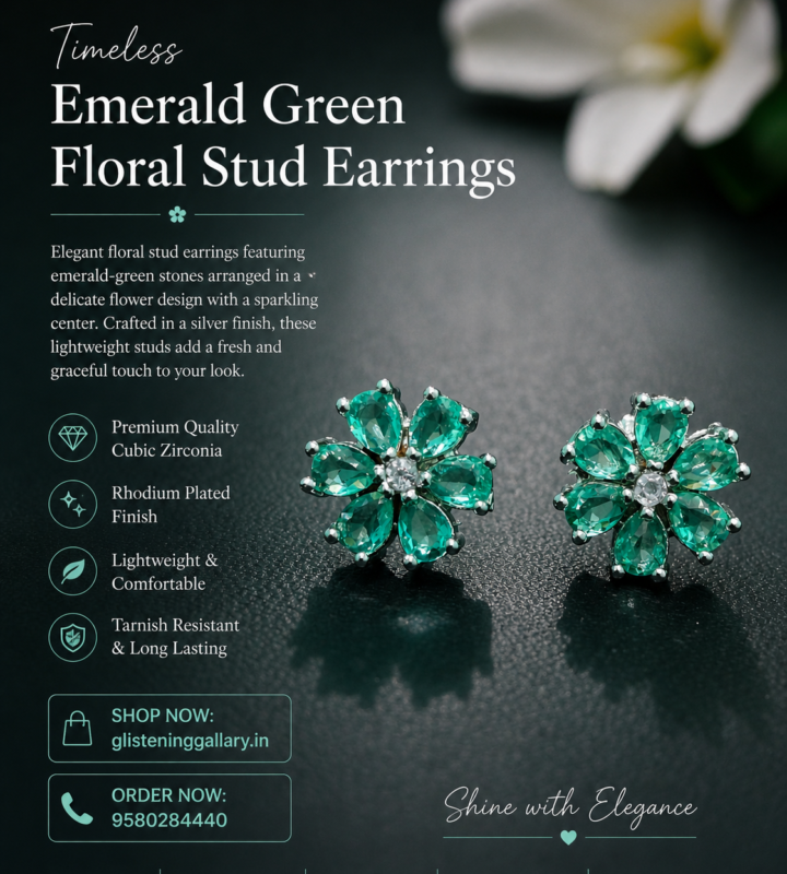 Emerald Green Floral Stud Earrings – Silver Finish