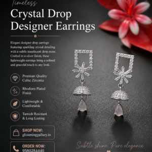 Crystal Drop Designer Earrings – Silver Finish