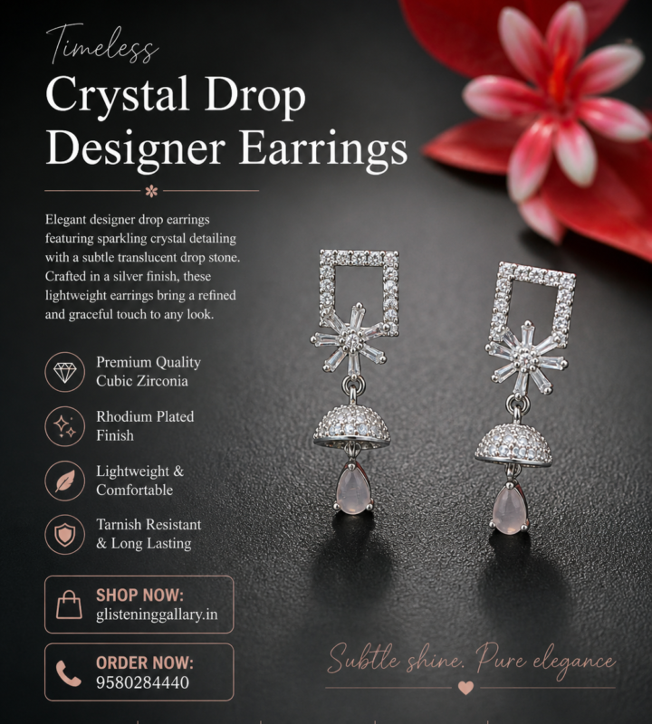 Crystal Drop Designer Earrings – Silver Finish