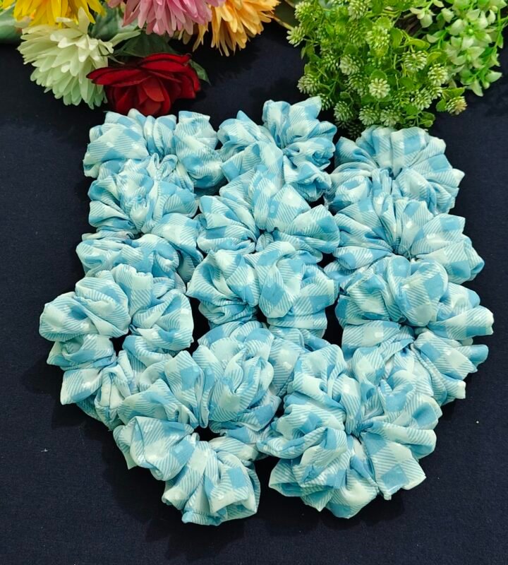 Sky Blue Printed Scrunchies – Soft Fabric Collection